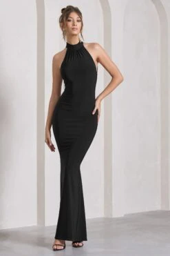 Malika | Black Sleeveless Halter-Neck Maxi Dress -ENY Clothing Shop WB CL129777002 MalikaBlackSleevelessHalter NeckMaxiDress2