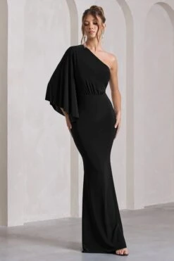 Luciana | Black Asymmetric Maxi Dress With Drape Sleeve -ENY Clothing Shop WB CL129779047 LucianaBlackAsymmetricMaxiDressWithDrapeSleeve4