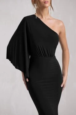 Luciana | Black Asymmetric Maxi Dress With Drape Sleeve -ENY Clothing Shop WB CL129779047 LucianaBlackAsymmetricMaxiDressWithDrapeSleeve9