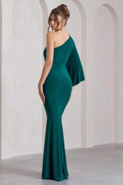 Luciana | Bottle Green Asymmetric Maxi Dress With Drape Sleeve -ENY Clothing Shop WB CL129779047 LucianaBottleGreenAsymmetricMaxiDressWithDrapeSleeve11