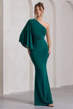 Luciana | Bottle Green Asymmetric Maxi Dress With Drape Sleeve -ENY Clothing Shop WB CL129779047 LucianaBottleGreenAsymmetricMaxiDressWithDrapeSleeve4