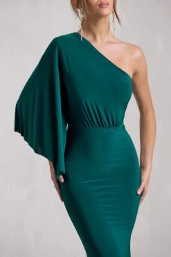 Luciana | Bottle Green Asymmetric Maxi Dress With Drape Sleeve -ENY Clothing Shop WB CL129779047 LucianaBottleGreenAsymmetricMaxiDressWithDrapeSleeve9