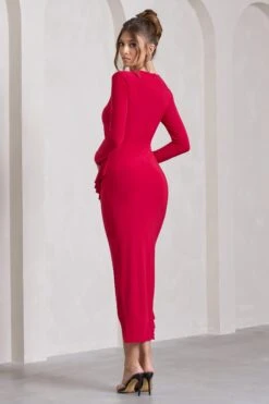 Dolce Vita | Red Long-Sleeve Ruffle Asymmetric Split Midi Dress -ENY Clothing Shop WB CL129782004 DolceVita RedLong SleeveRuffleAsymmetricSplitMaxiDressRED9