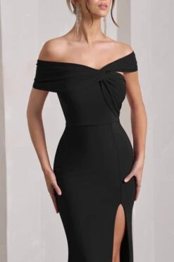Kara | Black Asymmetric Twisted Bardot Split Maxi Dress -ENY Clothing Shop WB CL129784002 KaraBlackAsymmetricTwistedBardotSplitMaxiDress6