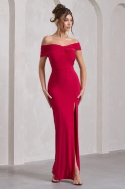 Kara | Red Asymmetric Twisted Bardot Split Maxi Dress -ENY Clothing Shop WB CL129784004 KaraRedAsymmetricTwistedBardotSplitMaxiDress1