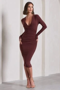 Marcia | Chocolate Brown Bodycon Plunge-Neck Midi Dress 10 Marcia | Chocolate Brown Bodycon Plunge-Neck Midi Dress -ENY Clothing Shop WB CL129785106 MarciaChocolateBrownBodyconPlunge NeckMidiDress0
