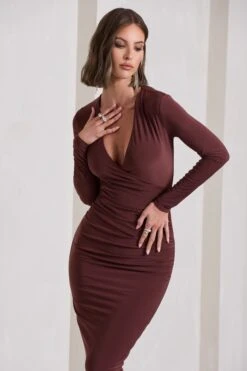 Marcia | Chocolate Brown Bodycon Plunge-Neck Midi Dress 9 Marcia | Chocolate Brown Bodycon Plunge-Neck Midi Dress -ENY Clothing Shop WB CL129785106 MarciaChocolateBrownBodyconPlunge NeckMidiDress10