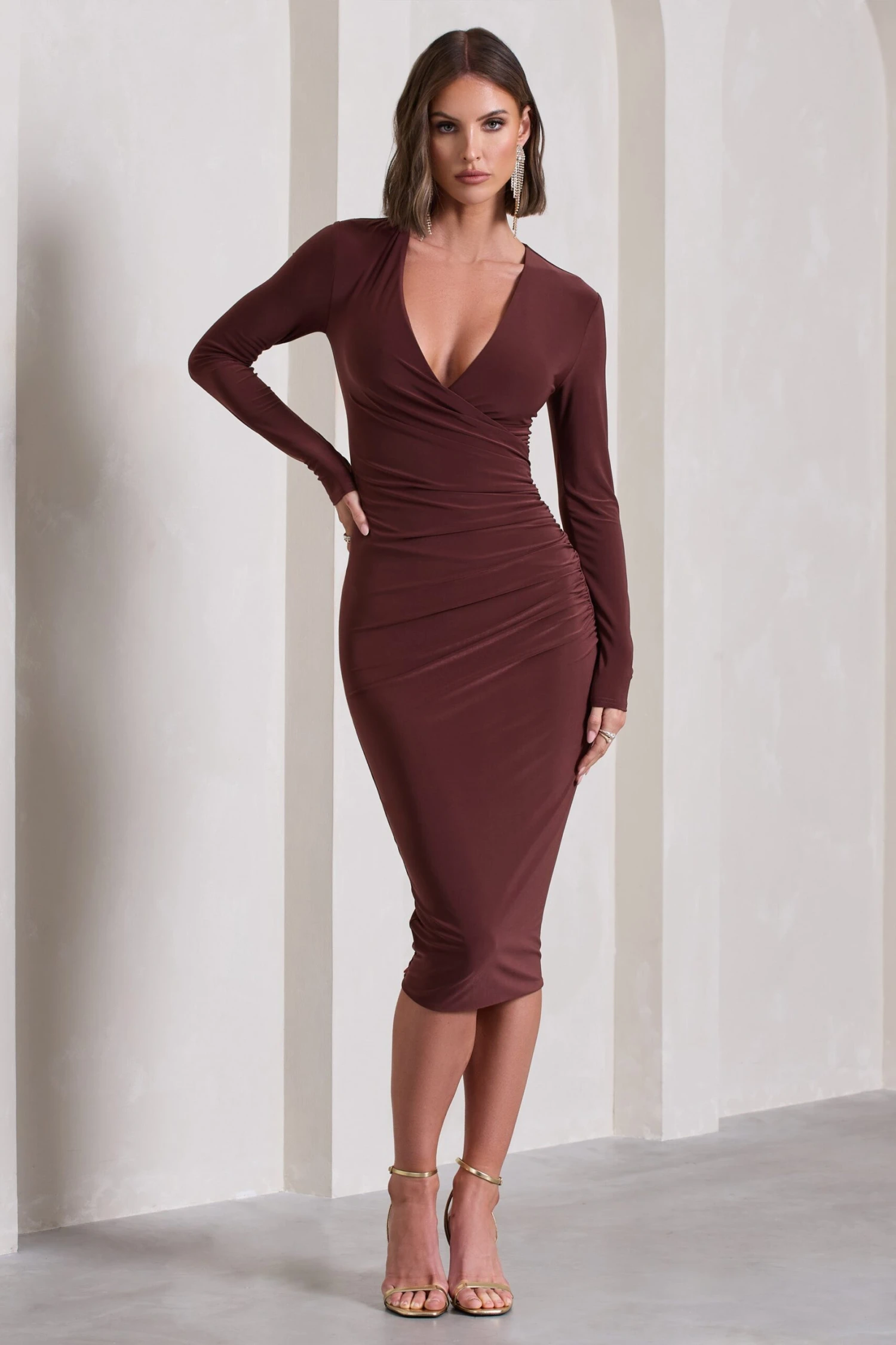 Marcia | Chocolate Brown Bodycon Plunge-Neck Midi Dress 3 Marcia | Chocolate Brown Bodycon Plunge-Neck Midi Dress