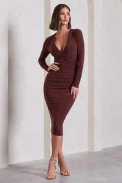 Marcia | Chocolate Brown Bodycon Plunge-Neck Midi Dress 11 Marcia | Chocolate Brown Bodycon Plunge-Neck Midi Dress -ENY Clothing Shop WB CL129785106 MarciaChocolateBrownBodyconPlunge NeckMidiDress5