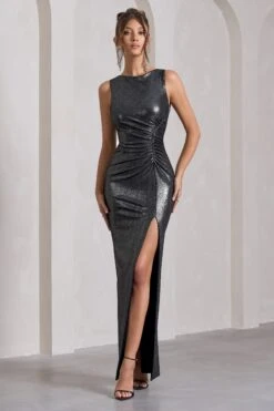 Night To Remember | Silver Metallic Open-Back Split Maxi Dress -ENY Clothing Shop WB CL129787013 NightToRememberSilverMetallicOpen BackSplitMaxiDress1 b7a43179 364d 4663 a5c4 bd331e888091