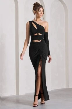 Carlina | Black Ruched Asymmetric Cut-Out Split Maxi Dress -ENY Clothing Shop WB CL129789002 CarlinaBlackRuchedAsymmetricCut OutSplitMaxiDress2