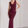 Lolita | Burgundy Ruched Cowl-Neck Sleeveless Maxi Dress