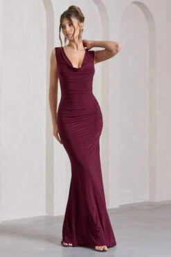 Lolita | Burgundy Ruched Cowl-Neck Sleeveless Maxi Dress -ENY Clothing Shop WB CL129790164 LolitaBurgundyRuchedCowl NeckSleevelessMaxiDress4