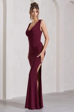 Lolita | Burgundy Ruched Cowl-Neck Sleeveless Maxi Dress -ENY Clothing Shop WB CL129790164 LolitaBurgundyRuchedCowl NeckSleevelessMaxiDress5