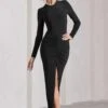 Katy | Black Ruched Long-Sleeve Split Maxi Dress -ENY Clothing Shop WB CL129795002 KatyBlackRuchedLong SleeveSplitMaxiDress3