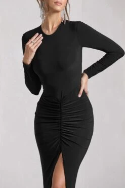 Katy | Black Ruched Long-Sleeve Split Maxi Dress -ENY Clothing Shop WB CL129795002 KatyBlackRuchedLong SleeveSplitMaxiDress7