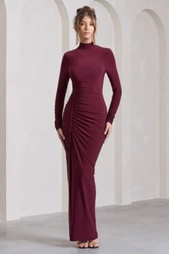 Lynn | Burgundy Ruched High-Neck Split Maxi Dress -ENY Clothing Shop WB CL129797069 LynnBurgundyRuchedHigh NeckSplitMaxiDress2