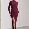 Lynn | Burgundy Ruched High-Neck Split Maxi Dress 1 Lynn | Burgundy Ruched High-Neck Split Maxi Dress -ENY Clothing Shop WB CL129797069 LynnBurgundyRuchedHigh NeckSplitMaxiDress3