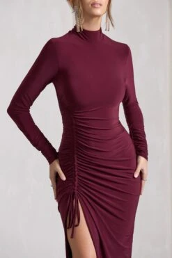 Lynn | Burgundy Ruched High-Neck Split Maxi Dress -ENY Clothing Shop WB CL129797069 LynnBurgundyRuchedHigh NeckSplitMaxiDress5