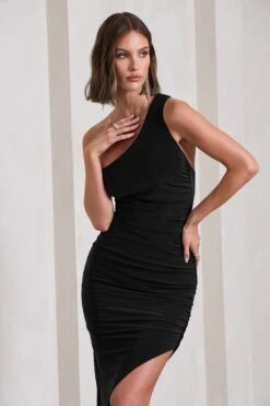 This Way | Black Ruched Asymmetric Open-Back Maxi Dress -ENY Clothing Shop WB CL129798002 ThisWayChocolateBrownRuchedAsymmetricOpen BackMaxiDress7