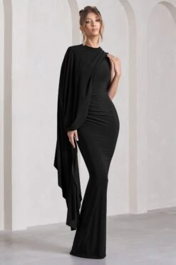 Unveil | Black One-Sleeve Cape Maxi Dress -ENY Clothing Shop WB CL129803002 UnveilBlackOne SleeveCapeMaxiDress1