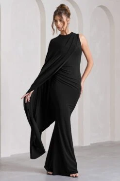 Unveil | Black One-Sleeve Cape Maxi Dress -ENY Clothing Shop WB CL129803002 UnveilBlackOne SleeveCapeMaxiDress2