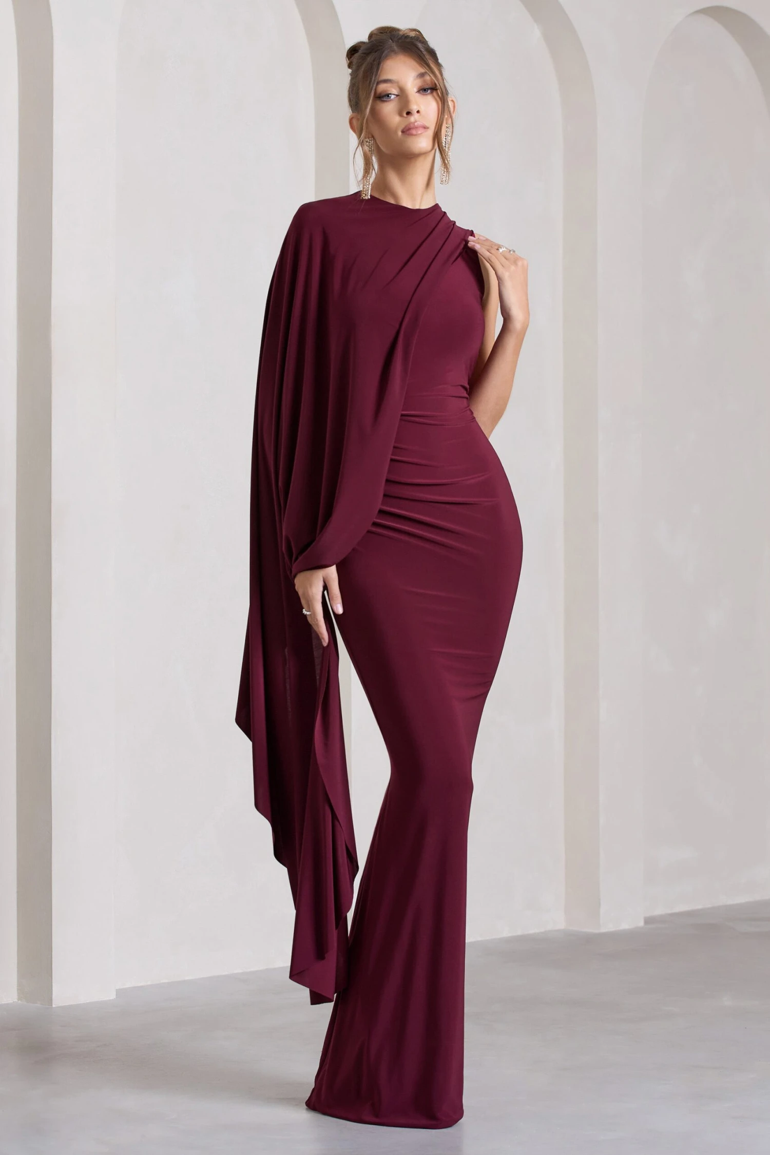 Unveil | Burgundy One-Sleeve Cape Maxi Dress 3 Unveil | Burgundy One-Sleeve Cape Maxi Dress