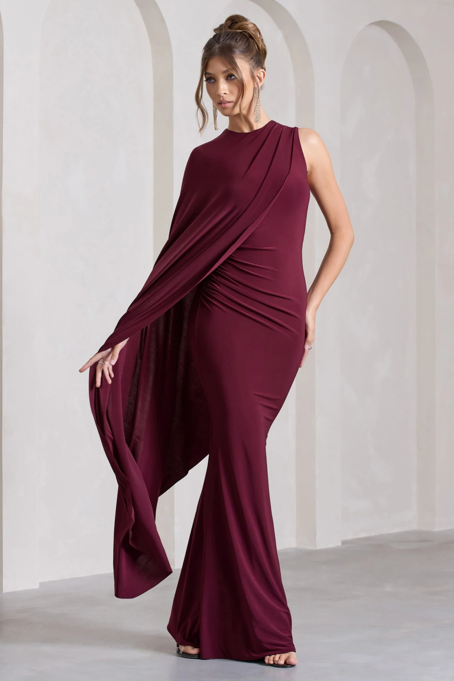 Unveil | Burgundy One-Sleeve Cape Maxi Dress 7 Unveil | Burgundy One-Sleeve Cape Maxi Dress - Image 5