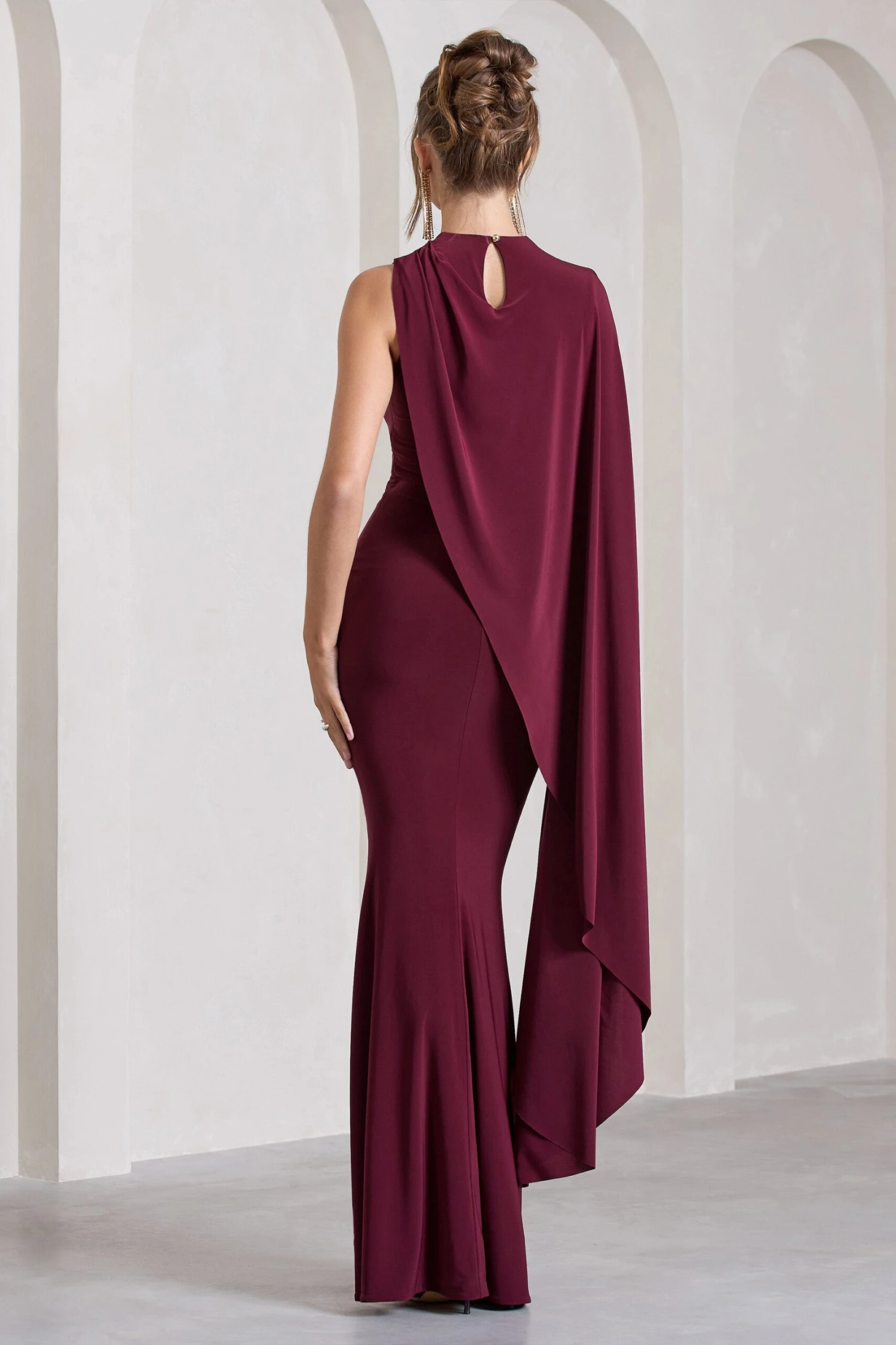 Unveil | Burgundy One-Sleeve Cape Maxi Dress 4 Unveil | Burgundy One-Sleeve Cape Maxi Dress - Image 2