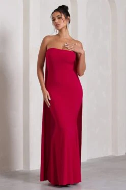 Christina | Red Bandeau Sleeveless Maxi Dress With Cape -ENY Clothing Shop WB CL129804004 CWBistinaRedBandeauSleevelessMaxiDressWithCape3