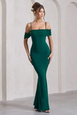 Miracle | Bottle Green Strappy Mesh Bardot Maxi Dress -ENY Clothing Shop WB CL129806047 MiracleBottleGreenStrappyMeshBardotMaxiDress4