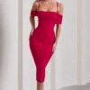 Bethan | Red Bodycon Strappy Mesh Bardot Midi Dress