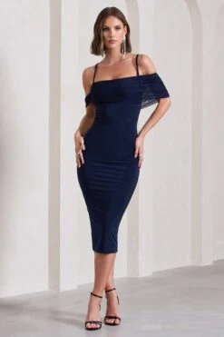 Bethan | Navy Bodycon Strappy Mesh Bardot Midi Dress -ENY Clothing Shop WB CL129807015 BethanNavyBodyconStrappyMeshBardotMidiDress3