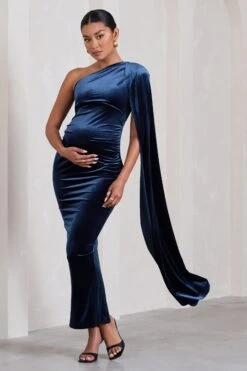 Amaryllis | Navy Velvet Maternity One Shoulder Maxi Dress With Cape Sleeve -ENY Clothing Shop WB CL129810015 AmaryllisNavyVelvetMaternityOneShoulderMaxiDresswithCapeSleeve1
