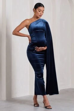 Amaryllis | Navy Velvet Maternity One Shoulder Maxi Dress With Cape Sleeve -ENY Clothing Shop WB CL129810015 AmaryllisNavyVelvetMaternityOneShoulderMaxiDresswithCapeSleeve2
