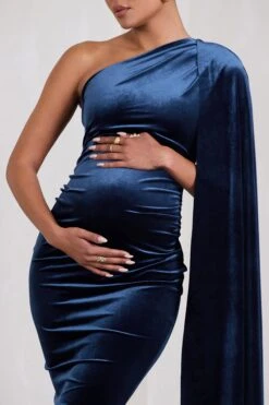 Amaryllis | Navy Velvet Maternity One Shoulder Maxi Dress With Cape Sleeve -ENY Clothing Shop WB CL129810015 AmaryllisNavyVelvetMaternityOneShoulderMaxiDresswithCapeSleeve3