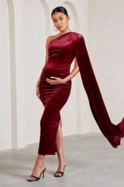 Amaryllis | Berry Velvet Maternity One Shoulder Maxi Dress With Cape Sleeve -ENY Clothing Shop WB CL129810037 AmaryllisBerryVelvetMaternityOneShoulderMaxiDresswithCapeSleeve2 47748ccb ecee 424a 94c3 0ef4927e0085