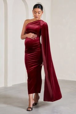 Amaryllis | Berry Velvet Maternity One Shoulder Maxi Dress With Cape Sleeve -ENY Clothing Shop WB CL129810037 AmaryllisBerryVelvetMaternityOneShoulderMaxiDresswithCapeSleeve6 b82f09ed dfb9 4e72 92e2 16be4d80b035