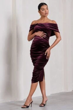 Alyssa | Port Velvet Maternity Bardot Bow Maternity Midi Dress With Ruching -ENY Clothing Shop WB CL129813101 AlyssaPortVelvetMaternityBardotBowMaternityMidiDresswithRuching3 aaf742b1 3209 4e6b 91fe a76b507d3eed