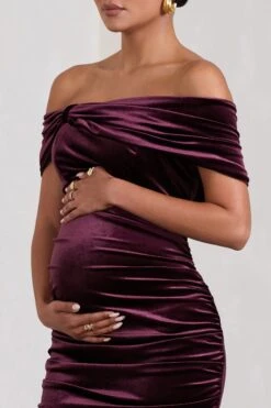 Alyssa | Port Velvet Maternity Bardot Bow Maternity Midi Dress With Ruching -ENY Clothing Shop WB CL129813101 AlyssaPortVelvetMaternityBardotBowMaternityMidiDresswithRuching6 2cd55646 0552 4f27 b46d 85b001345e44