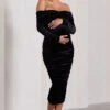 Neva | Black Velvet Maternity Bardot Twist Maternity Midi Dress -ENY Clothing Shop WB CL129816002 NevaBlackVelvetMaternityBardotTwistMaternityMidiDress0
