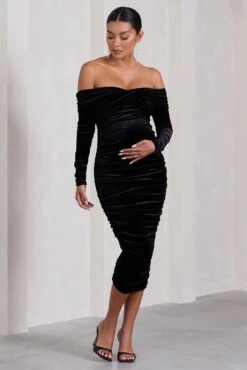 Neva | Black Velvet Maternity Bardot Twist Maternity Midi Dress -ENY Clothing Shop WB CL129816002 NevaBlackVelvetMaternityBardotTwistMaternityMidiDress2