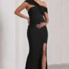 Kara | Black Asymmetric Twisted Bardot Split Maternity Maxi Dress -ENY Clothing Shop WB CL129818002 KaraBlackAsymmetricTwistedBardotSplitMaternityMaxiDress0