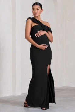 Kara | Black Asymmetric Twisted Bardot Split Maternity Maxi Dress -ENY Clothing Shop WB CL129818002 KaraBlackAsymmetricTwistedBardotSplitMaternityMaxiDress2