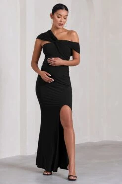 Kara | Black Asymmetric Twisted Bardot Split Maternity Maxi Dress -ENY Clothing Shop WB CL129818002 KaraBlackAsymmetricTwistedBardotSplitMaternityMaxiDress3