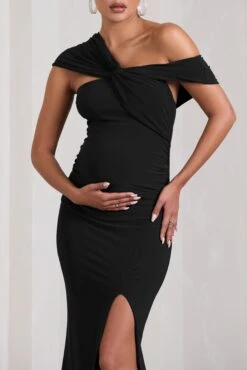 Kara | Black Asymmetric Twisted Bardot Split Maternity Maxi Dress -ENY Clothing Shop WB CL129818002 KaraBlackAsymmetricTwistedBardotSplitMaternityMaxiDress7