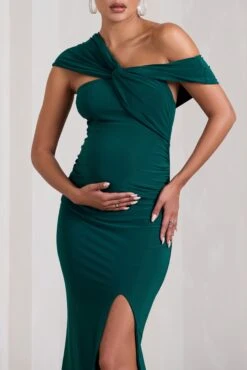 Kara | Bottle Green Asymmetric Twisted Bardot Split Maternity Maxi Dress -ENY Clothing Shop WB CL129818047 KaraBottleGreenAsymmetricTwistedBardotSplitMaternityMaxiDress7