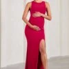 Pollie | Red Cowl-Back Split Maternity Maxi Dress