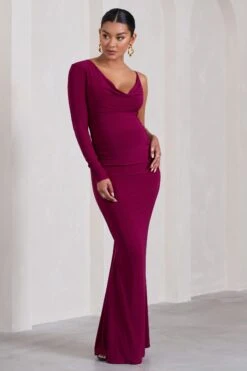 At Dusk | Berry Maternity One-Sleeved Cowl-Neck Fishtail Maxi Dress -ENY Clothing Shop WB CL129822164 AtDuskDarkCherryMaternityOne SleevedCowl NeckFishtailMaxiDress0 def4ea8c e056 4962 a733 461151aff810