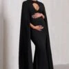 Standing Ovation | Black Plunge-Neck Cape Maternity Maxi Dress -ENY Clothing Shop WB CL129828002 StandingOvationBlackPlunge NeckCapeMaternityMaxiDressBLACK1